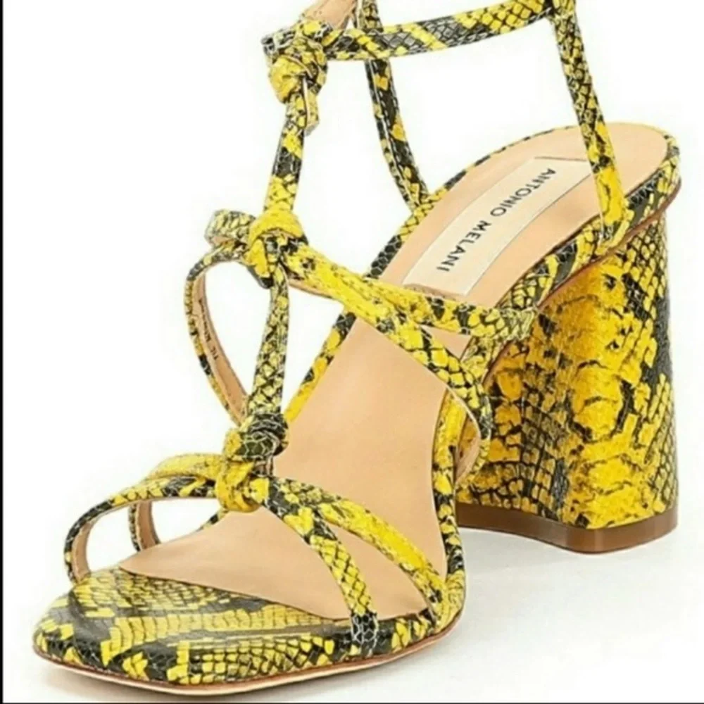 Antonio Melani Bayslie Yellow Black Snake Print Block Sandal Heels Women 7.5 EUC